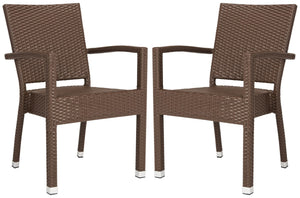Safavieh - Set of 2 - Kelda Arm Chair Stacking Brown Silver Rattan PE Wicker Aluminum PAT4004B-SET2 889048323186