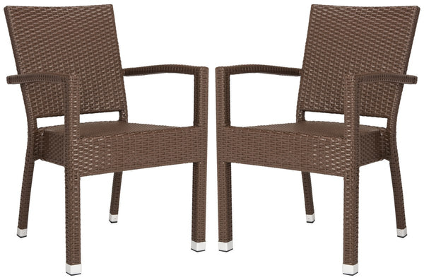 Safavieh - Set of 2 - Kelda Arm Chair Stacking Brown Silver Rattan PE Wicker Aluminum PAT4004B-SET2 889048323186