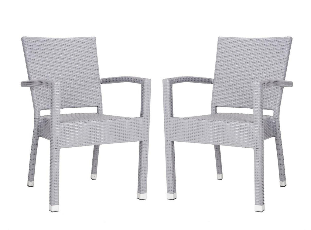 Safavieh - Set of 2 - Kelda Arm Chair Stacking Grey Silver Rattan PE Wicker Aluminum PAT4004C-SET2 889048323209