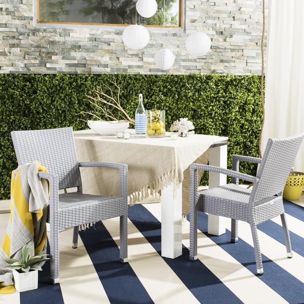 Safavieh - Set of 2 - Kelda Arm Chair Stacking Grey Silver Rattan PE Wicker Aluminum PAT4004C-SET2 889048323209