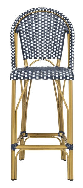 Safavieh Ford Bar Stool Indoor Outdoor Stacking French Bistro Navy White Rattan PE Wicker Aluminum PAT4008A 889048322806