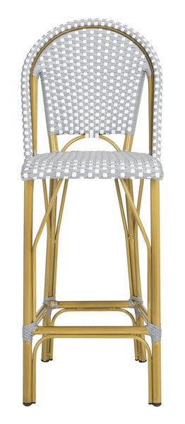 Safavieh Ford Bar Stool Indoor Outdoor Stacking French Bistro Grey White Rattan PE Wicker Aluminum PAT4008B 889048322813