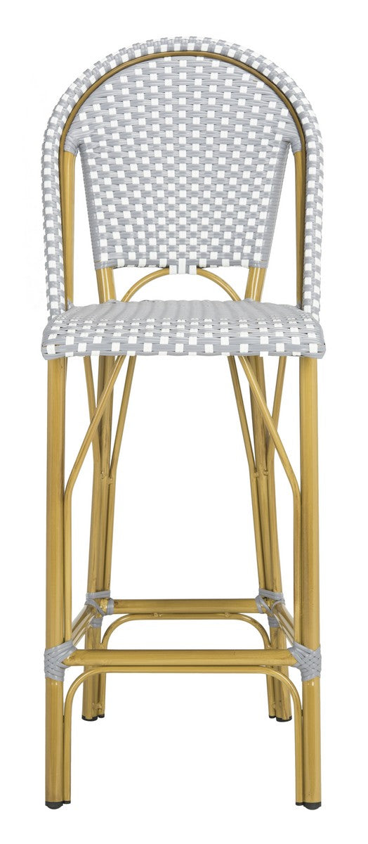 Safavieh Ford Bar Stool Indoor Outdoor Stacking French Bistro Grey White Rattan PE Wicker Aluminum PAT4008B 889048322813