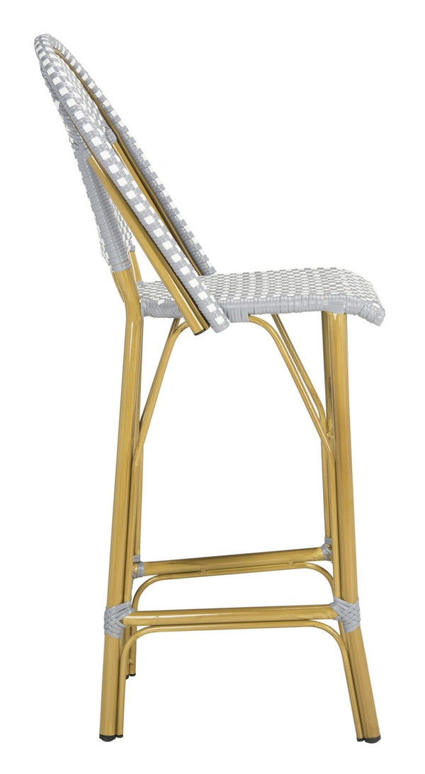 Safavieh Ford Bar Stool Indoor Outdoor Stacking French Bistro Grey White Rattan PE Wicker Aluminum PAT4008B 889048322813