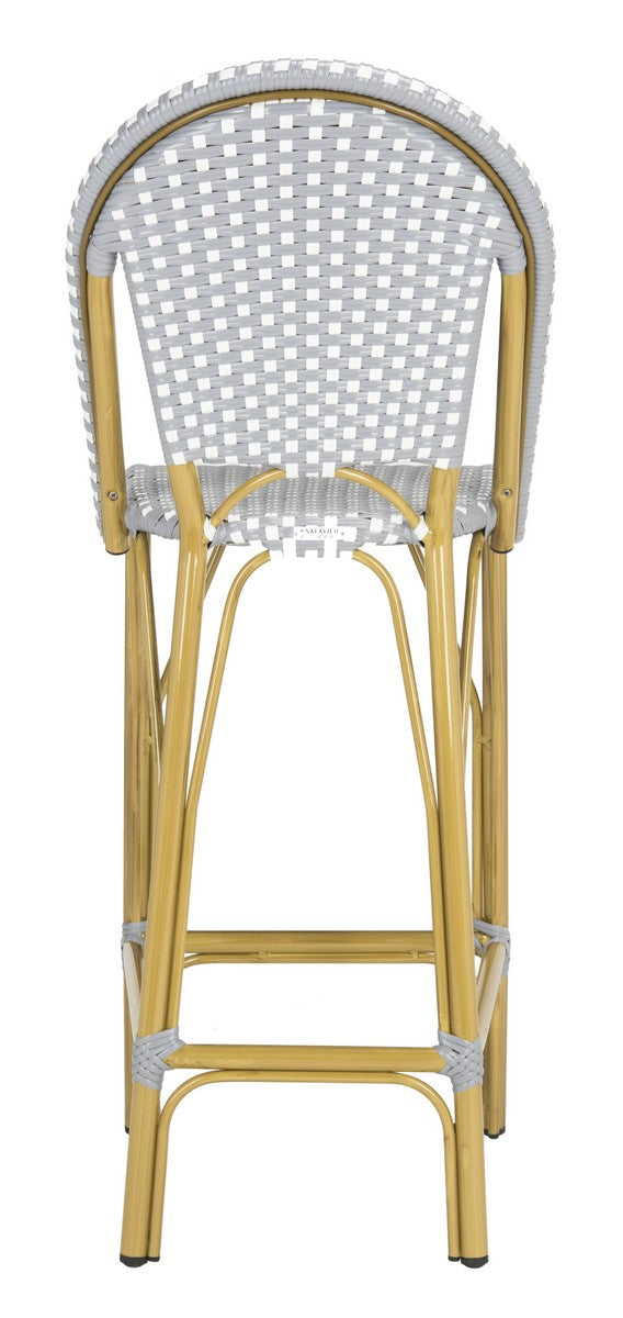 Safavieh Ford Bar Stool Indoor Outdoor Stacking French Bistro Grey White Rattan PE Wicker Aluminum PAT4008B 889048322813