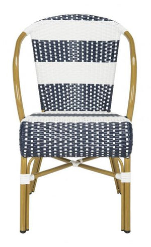 Safavieh - Set of 2 - Sarita Side Chair Striped French Bistro Stacking Navy White Rattan PE Wicker Aluminum PAT4009A-SET2 889048322837