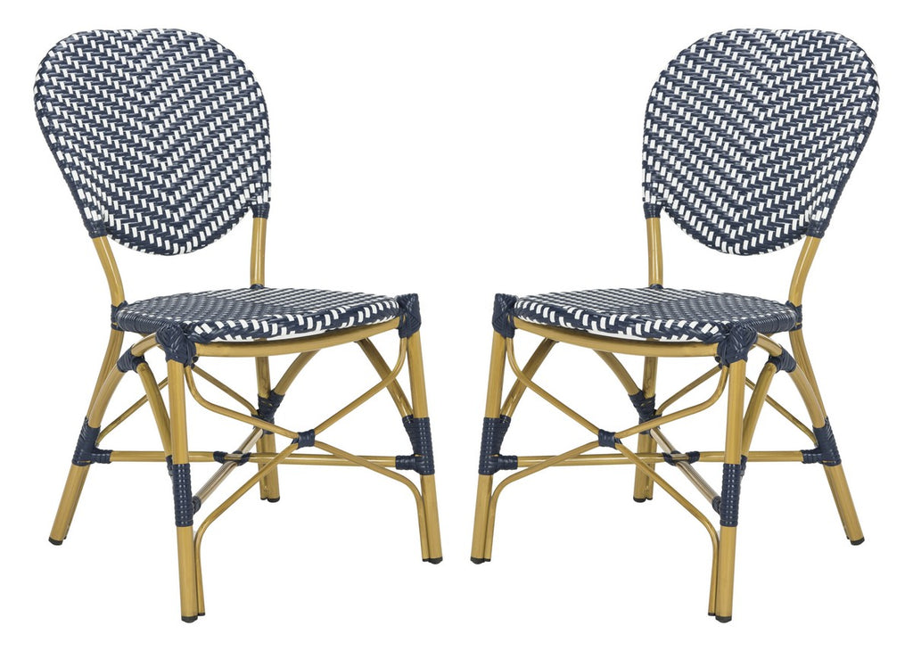 Safavieh - Set of 2 - DISCO Lisbeth Side Chair French Bistro Stacking Navy White Rattan PE Wicker Aluminum PAT4010A-SET2 889048322851