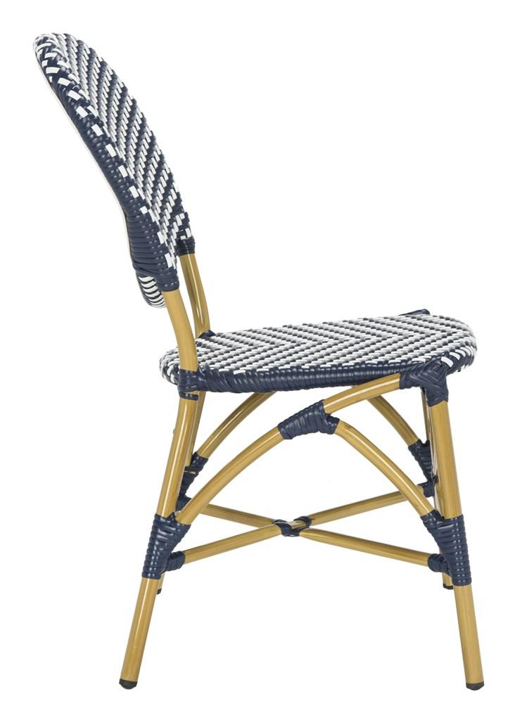 Safavieh - Set of 2 - DISCO Lisbeth Side Chair French Bistro Stacking Navy White Rattan PE Wicker Aluminum PAT4010A-SET2 889048322851