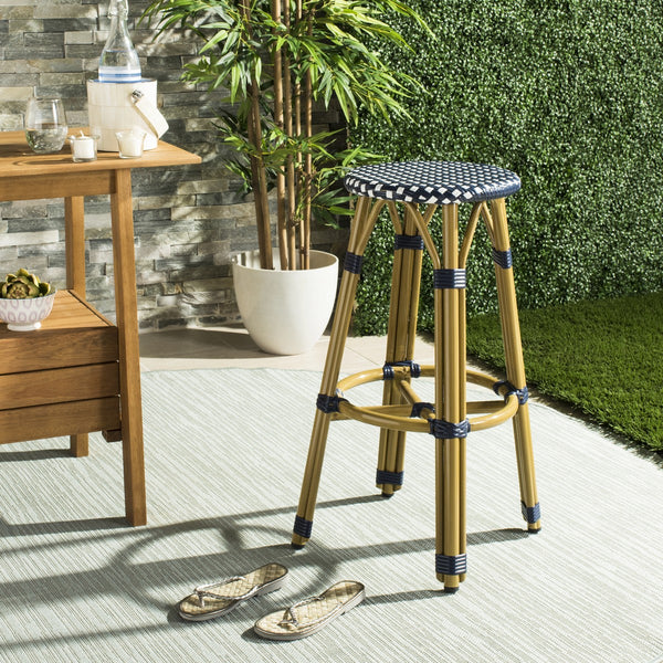 Safavieh Kelsey Bar Stool Indoor Outdoor Navy White Rattan PE Wicker Aluminum PAT4018A 889048323261