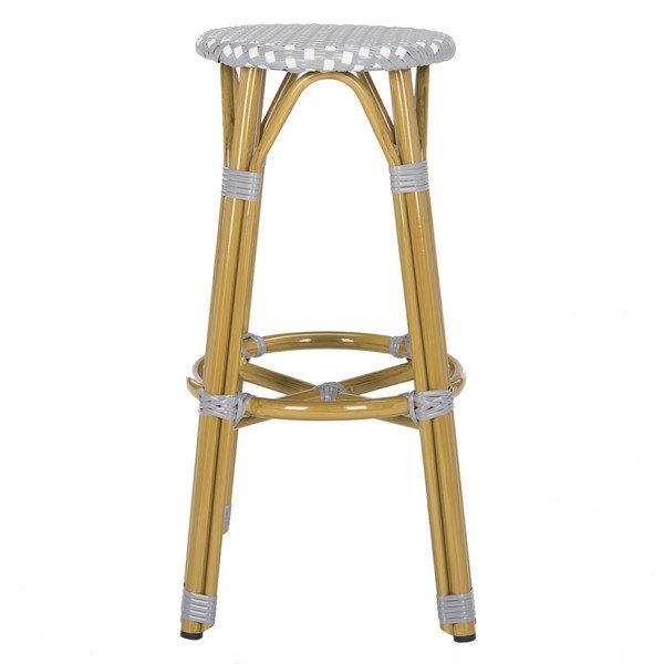 Safavieh Kelsey Bar Stool Indoor Outdoor Grey White Rattan PE Wicker Aluminum PAT4018B 889048323278