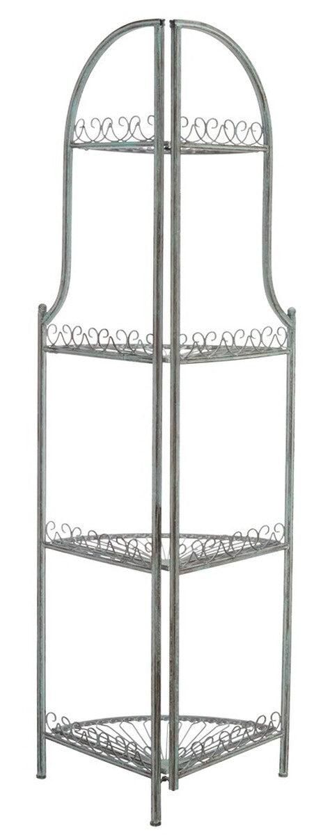Safavieh Abarrane Wrought Iron 4 Tier Outdoor Corner Shelf Antique Green Metal PAT5013D