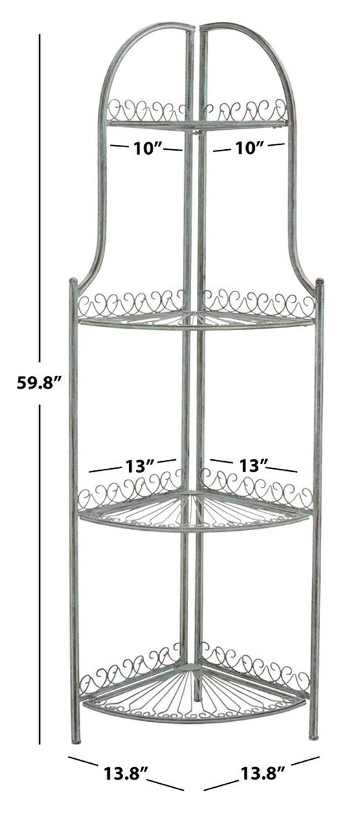 Safavieh Abarrane Wrought Iron 4 Tier Outdoor Corner Shelf Antique Green Metal PAT5013D