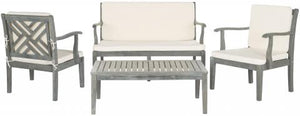 Safavieh Bradbury Outdoor Living Set 4 Piece Ash Grey Beige Silver Acacia Wood Polyester CA Foam Galvanized Steel PAT6710B 683726408758