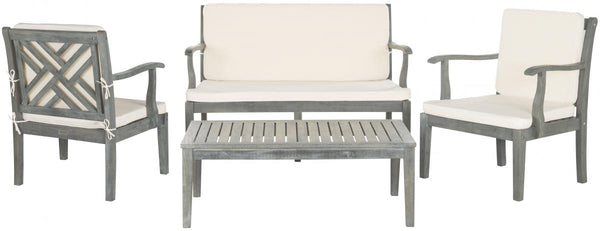 Safavieh Bradbury Outdoor Living Set 4 Piece Ash Grey Beige Silver Acacia Wood Polyester CA Foam Galvanized Steel PAT6710B 683726408758