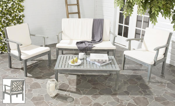 Safavieh Bradbury Outdoor Living Set 4 Piece Ash Grey Beige Silver Acacia Wood Polyester CA Foam Galvanized Steel PAT6710B 683726408758