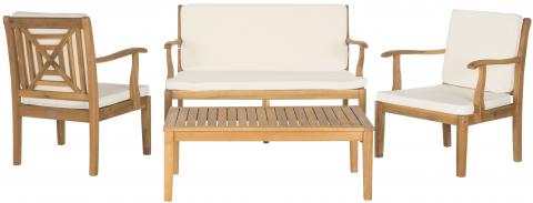 Safavieh Del Mar Outdoor Set 4 Piece Teak Brown Beige Brass Acacia Wood Polyester CA Foam Galvanized Steel PAT6717A 683726553458