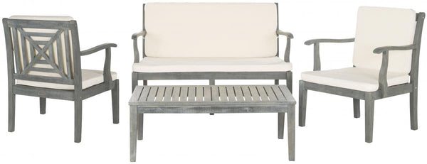 Safavieh Del Mar Outdoor Set 4 Piece Ash Grey Beige Silver Acacia Wood Polyester CA Foam Galvanized Steel PAT6717B 683726553465