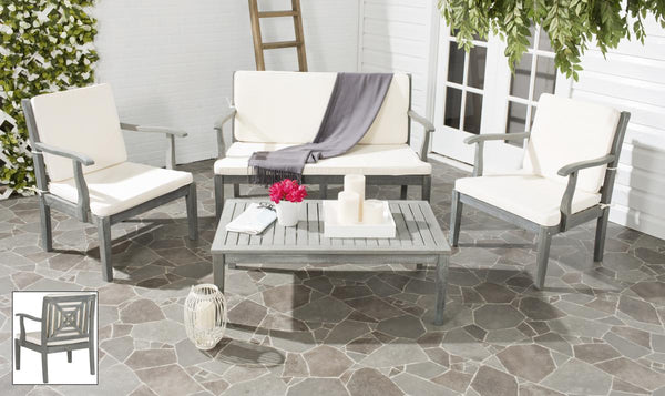 Safavieh Del Mar Outdoor Set 4 Piece Ash Grey Beige Silver Acacia Wood Polyester CA Foam Galvanized Steel PAT6717B 683726553465