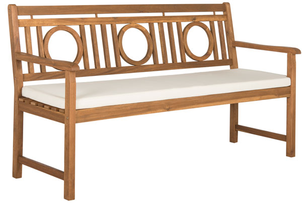 Safavieh Montclair Bench 3 Seat Teak Brown Beige Brass Acacia Wood Polyester CA Foam Galvanized Steel PAT6736A 889048062535