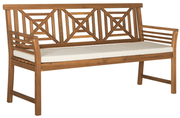 Safavieh Del Mar Bench 3 Seat Teak Brown Beige Brass Acacia Wood Polyester CA Foam Galvanized Steel PAT6737A 889048062542