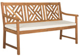 Safavieh Bradbury Bench 3 Seat Teak Brown Beige Brass Acacia Wood Polyester CA Foam Galvanized Steel PAT6738A 889048062566