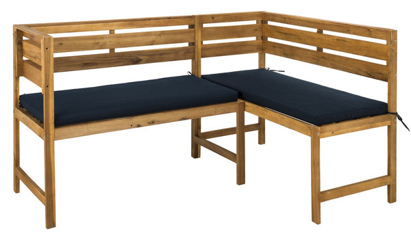 Wilton Modern Balcony Corner Lounge Set - Luxurious Outdoor Seating with Natural Wood and Navy Cushions