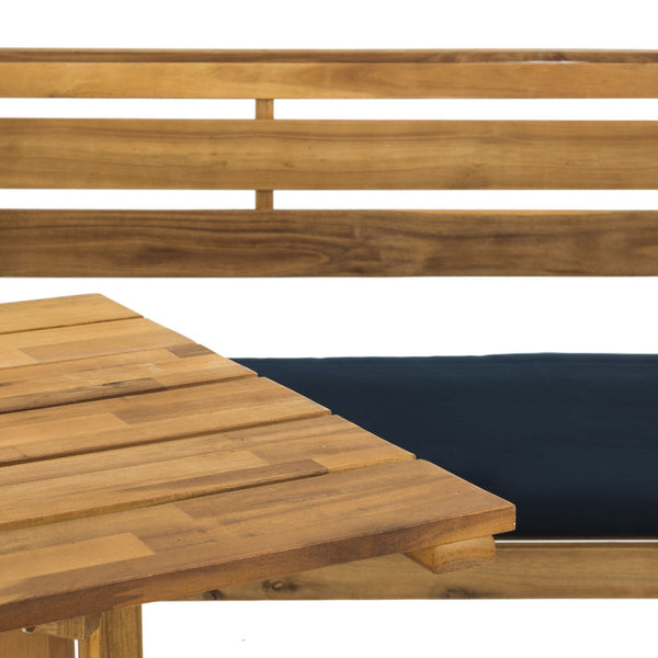 Wilton Modern Balcony Corner Lounge Set - Luxurious Outdoor Seating with Natural Wood and Navy Cushions
