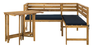 Wilton Modern Balcony Corner Lounge Set - Luxurious Outdoor Seating with Natural Wood and Navy Cushions