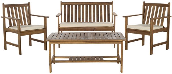 Safavieh Burbank Outdoor Set 4 Piece Teak Look Beige Silver Acacia Wood Polyester Foam Galvanized Steel PAT7006A 683726406389