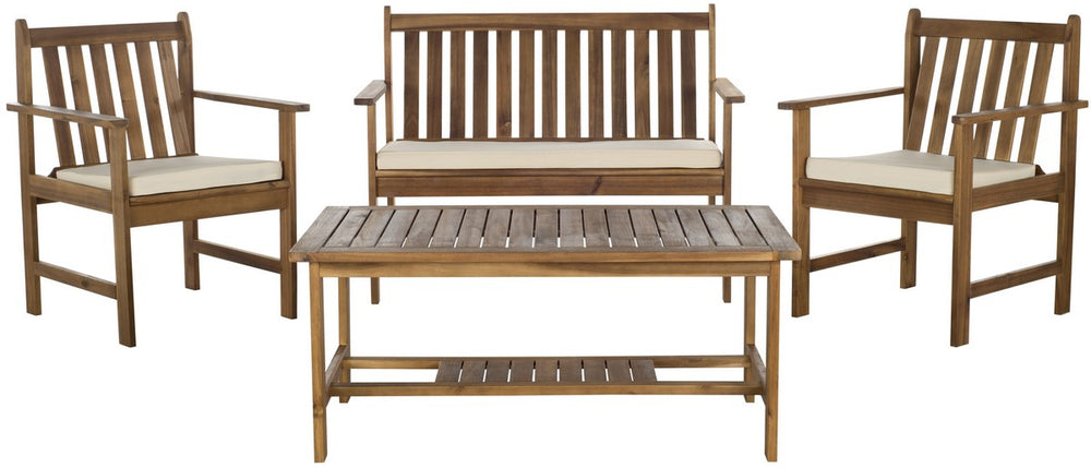 Safavieh Burbank Outdoor Set 4 Piece Teak Look Beige Silver Acacia Wood Polyester Foam Galvanized Steel PAT7006A 683726406389