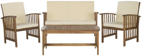 Safavieh Rocklin Outdoor Set 4 Piece Teak Look Beige Silver Acacia Wood Polyester Foam Galvanized Steel PAT7007A 683726406433