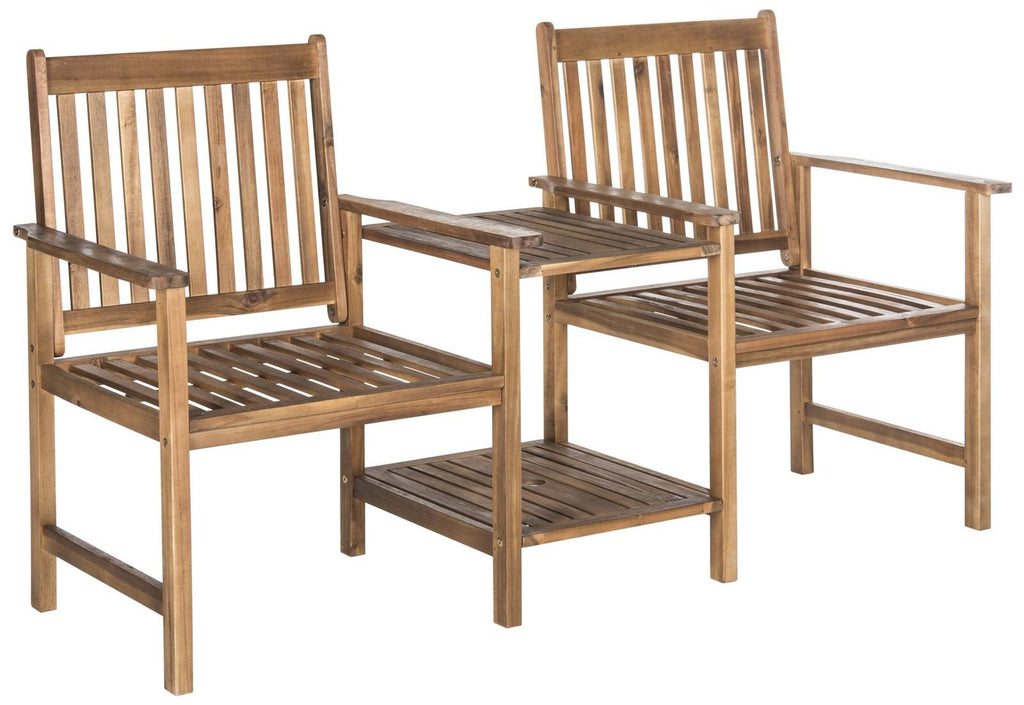 Safavieh Brea Bench Twin Seat Teak Brown Silver Acacia Wood Galvanized Steel PAT7014A 889048000872