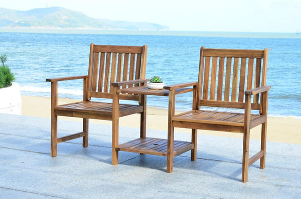 Safavieh Brea Bench Twin Seat Teak Brown Silver Acacia Wood Galvanized Steel PAT7014A 889048000872