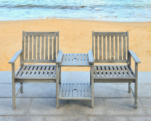 Safavieh Brea Bench Twin Seat Grey Silver Acacia Wood Galvanized Steel PAT7014B 889048000889