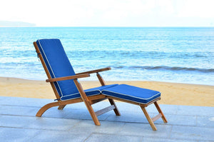 Safavieh Palmdale Lounge Chair Teak Brown Navy Silver Acacia Wood Polyester Foam Galvanized Steel PAT7015A 889048023949