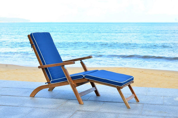 Safavieh Palmdale Lounge Chair Teak Brown Navy Silver Acacia Wood Polyester Foam Galvanized Steel PAT7015A 889048023949
