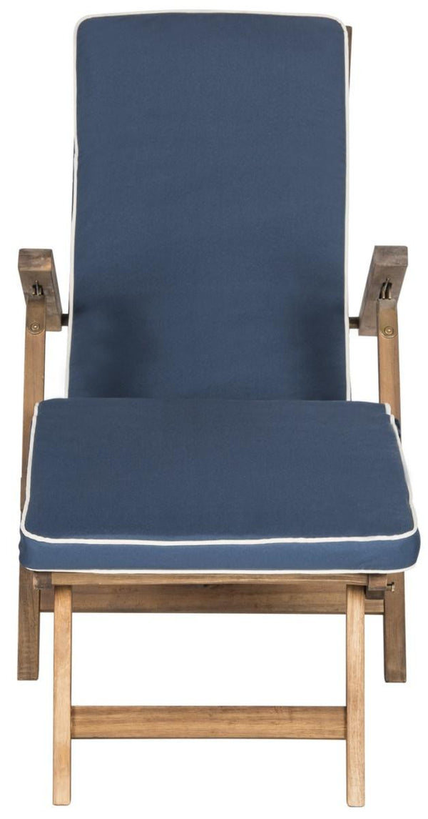 Safavieh Palmdale Lounge Chair Teak Brown Navy Silver Acacia Wood Polyester Foam Galvanized Steel PAT7015A 889048023949