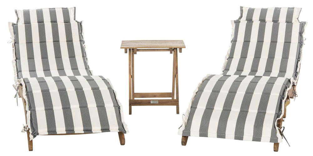 Safavieh Pacifica Lounge Set 3 Piece Teak Brown Grey White Silver Acacia Wood Polyester Foam Galvanized Steel PAT7020A 889048005990