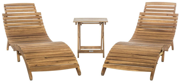 Safavieh Pacifica Lounge Set 3 Piece Teak Brown Grey White Silver Acacia Wood Polyester Foam Galvanized Steel PAT7020A 889048005990