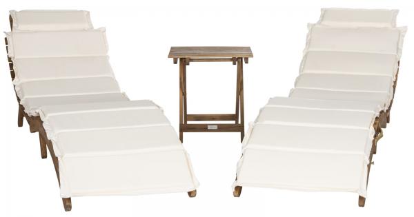 Safavieh Pacifica Lounge Set 3 Piece Teak Brown Beige Silver Acacia Wood Polyester Foam Galvanized Steel PAT7020B 889048006003