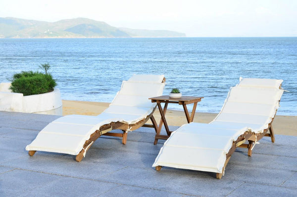 Safavieh Pacifica Lounge Set 3 Piece Teak Brown Beige Silver Acacia Wood Polyester Foam Galvanized Steel PAT7020B 889048006003