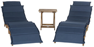 Safavieh Pacifica Lounge Set 3 Piece Teak Brown Navy Silver Acacia Wood Polyester Foam Galvanized Steel PAT7020C 889048006010