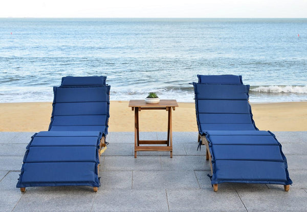 Safavieh Pacifica Lounge Set 3 Piece Teak Brown Navy Silver Acacia Wood Polyester Foam Galvanized Steel PAT7020C 889048006010