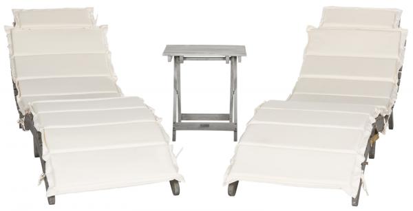 Safavieh Pacifica Lounge Set 3 Piece Grey Beige Silver Acacia Wood Polyester Foam Galvanized Steel PAT7020E 889048006034