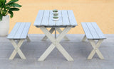 Safavieh Marina Dining Set with 63" Table and 2 Backless Benches 3 Piece Grey White Silver Acacia Wood Galvanized Steel PAT7021A 889048006041