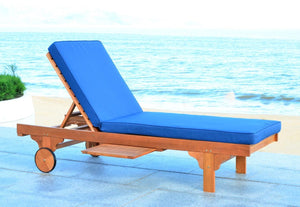 Safavieh Newport Chaise Lounge Chair with Side Table Teak Brown Navy Silver Eucalyptus Wood Polyester Foam Galvanized Steel PAT7022B 889048014961