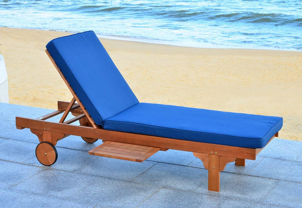 Safavieh Newport Chaise Lounge Chair with Side Table Teak Brown Navy Silver Eucalyptus Wood Polyester Foam Galvanized Steel PAT7022B 889048014961