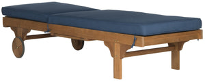 Safavieh Newport Chaise Lounge Chair with Side Table Teak Brown Navy Silver Eucalyptus Wood Polyester Foam Galvanized Steel PAT7022B 889048014961