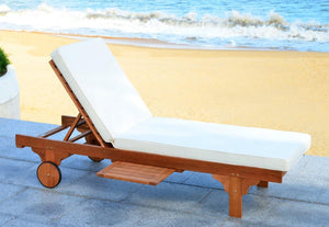 Safavieh Newport Chaise Lounge Chair with Side Table Teak Brown Beige Silver Eucalyptus Wood Polyester Foam Galvanized Steel PAT7022C 889048006072