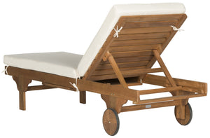 Safavieh Newport Chaise Lounge Chair with Side Table Teak Brown Beige Silver Eucalyptus Wood Polyester Foam Galvanized Steel PAT7022C 889048006072
